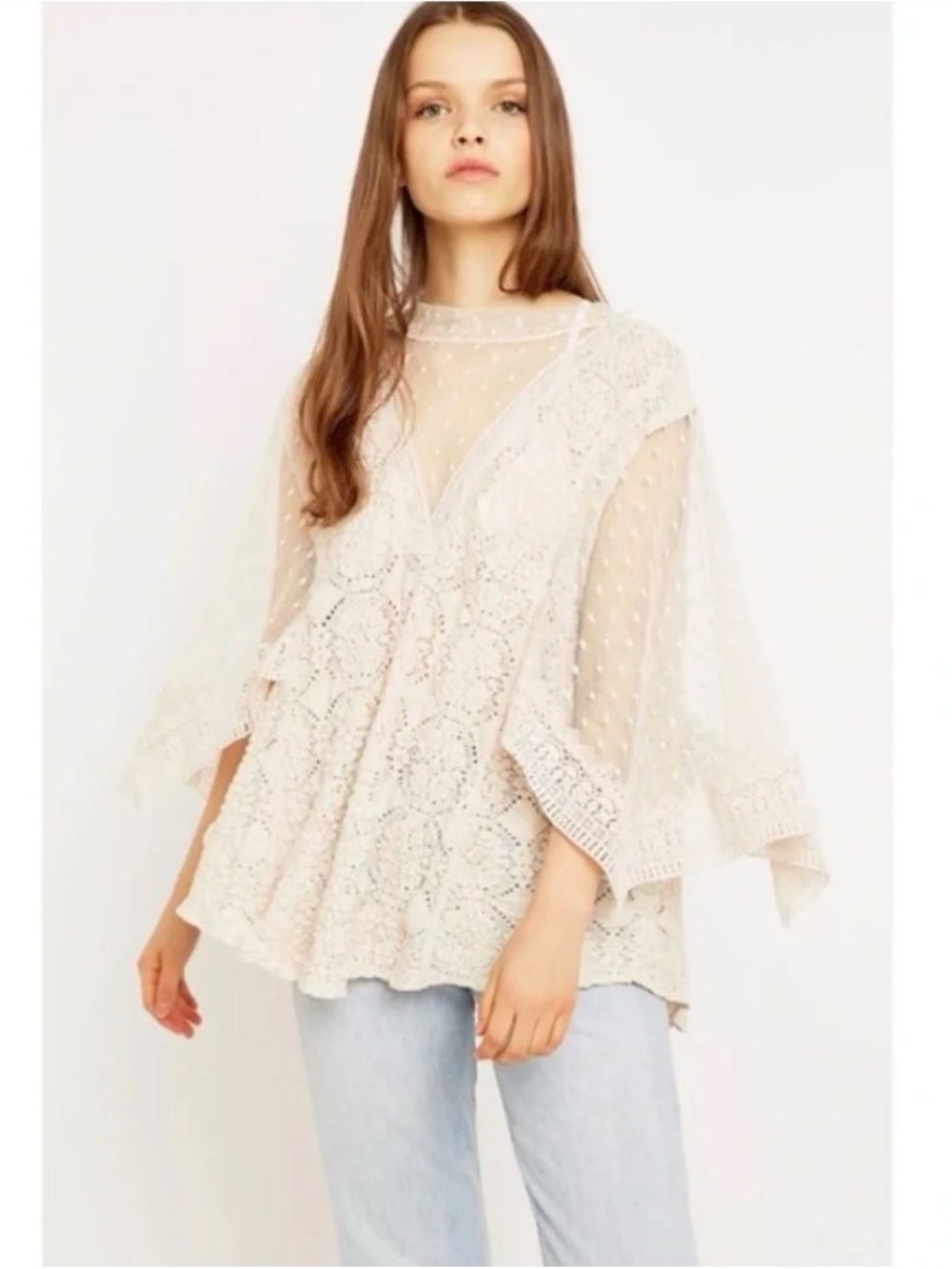 Free People Cream Sheer Lace Peasant Crochet Polkadot Blouse XS oversized